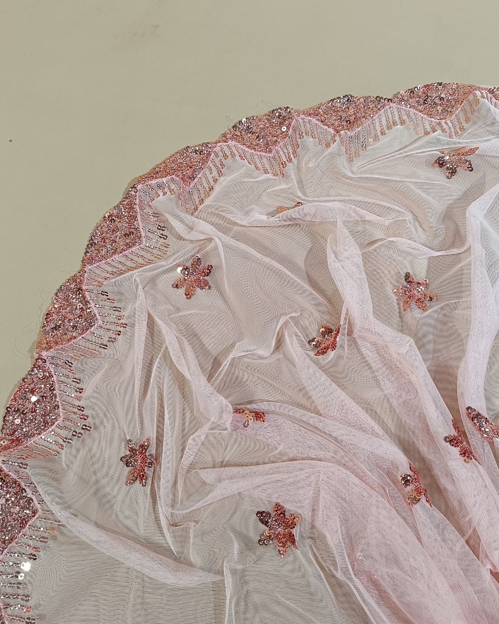 Net Work with Cutwork Border Light Peach Colour 44 Inches Width