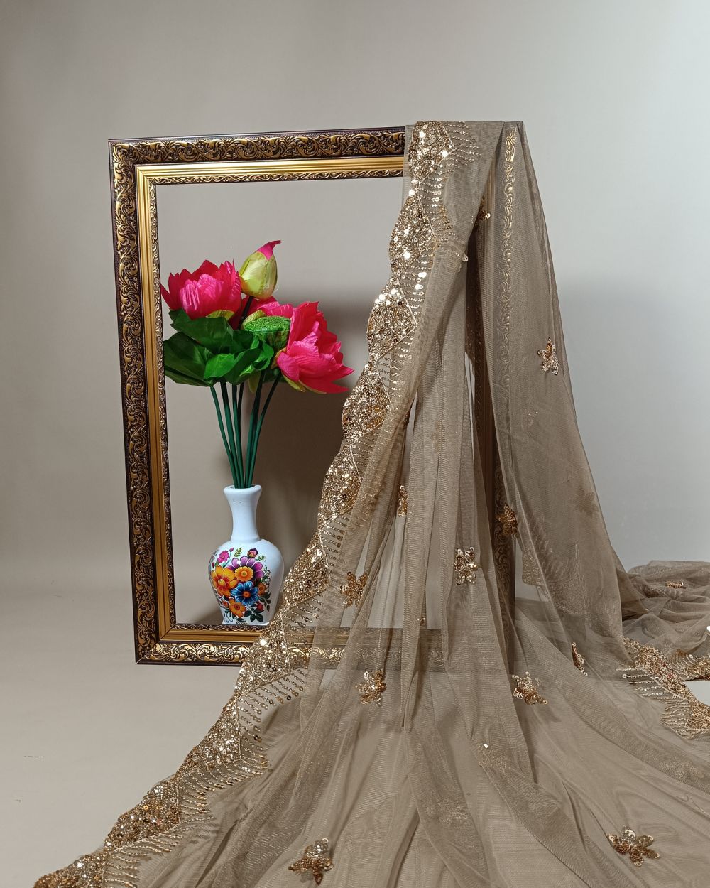 Net Work with Cutwork Border Golden Colour 42 Inches Width