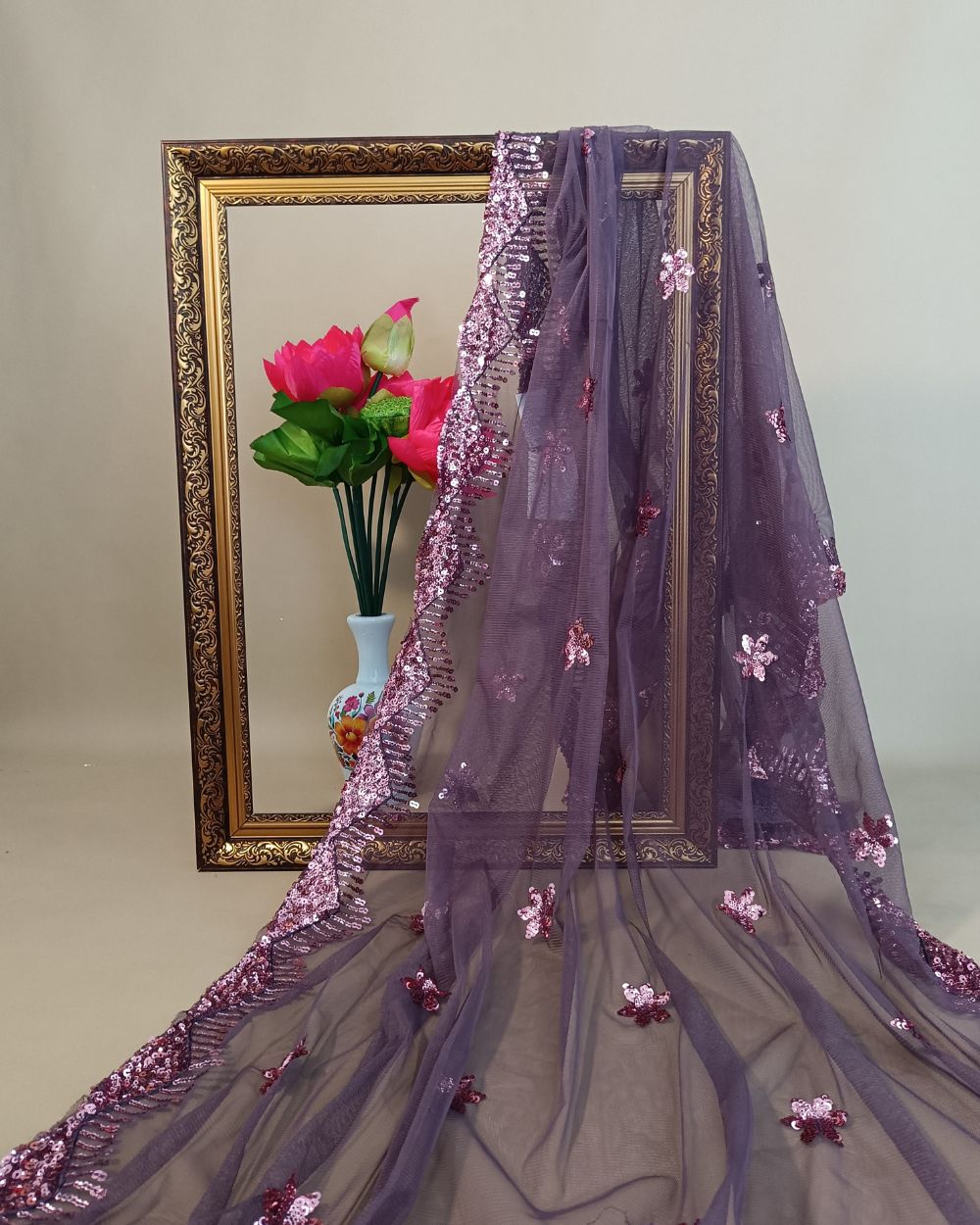 Net Work with Cutwork Border Dusty Wine Colour 42 Inches Width