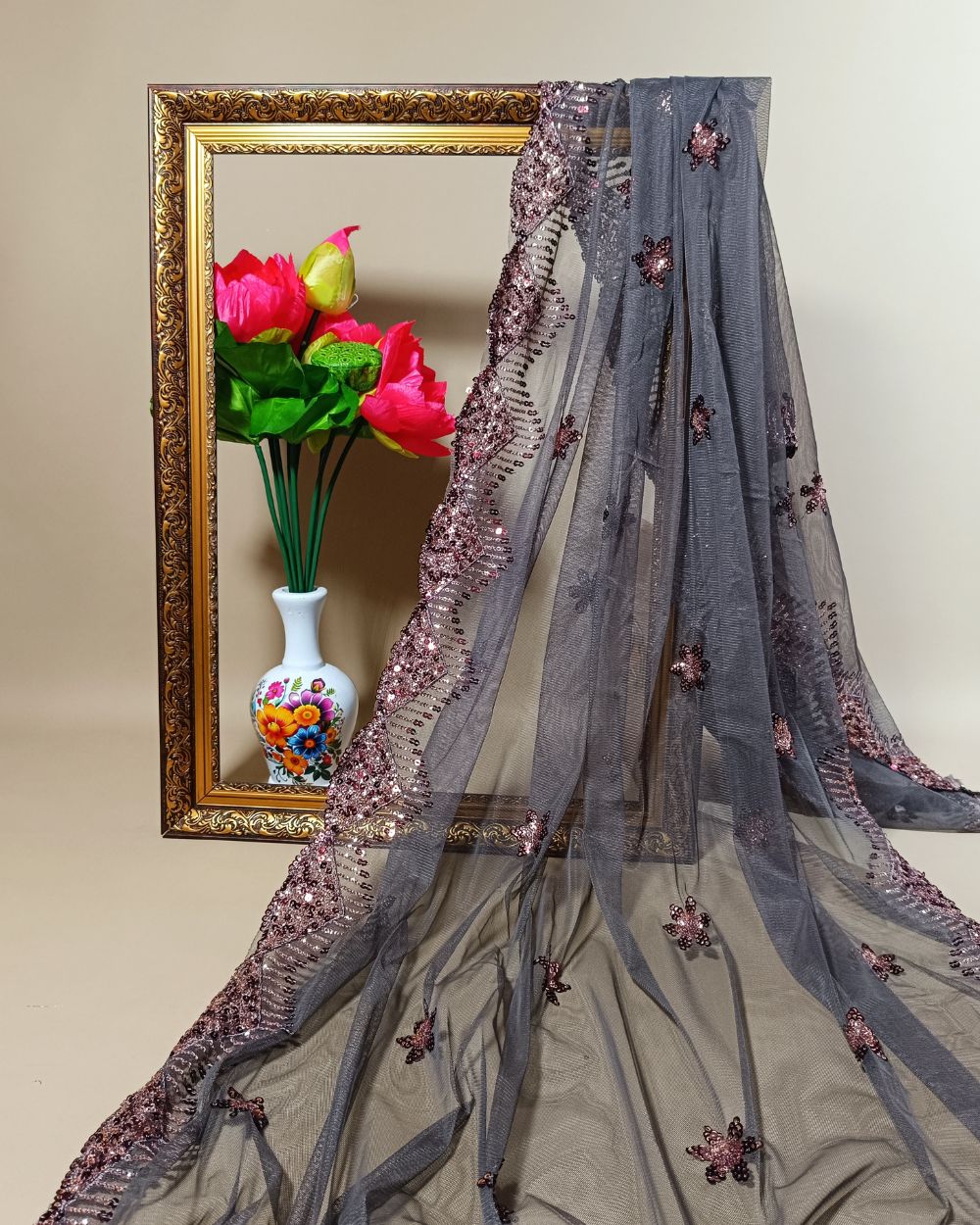 Net Work with Cutwork Border Dusty Grey Brown Colour 42 Inches Width