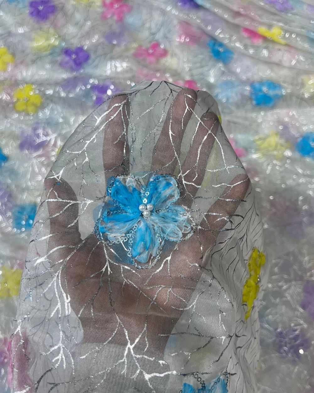 Premium Organza Work with Korean Foil White Colour 45 Inches Width