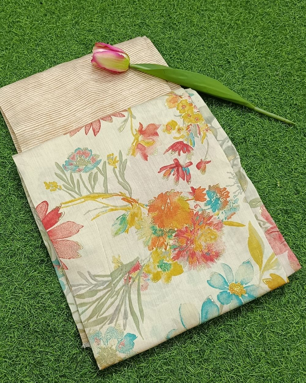 Printed Muslin Unstitched Top (2.80 mtr) & Bottom (2.45 mtr) Set Cream Colour 42 Inches Width