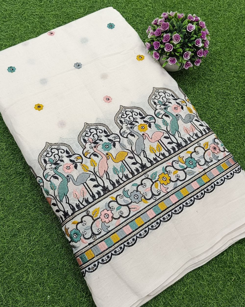 Kora Cotton Border Work Multicolor 45 Inches Width