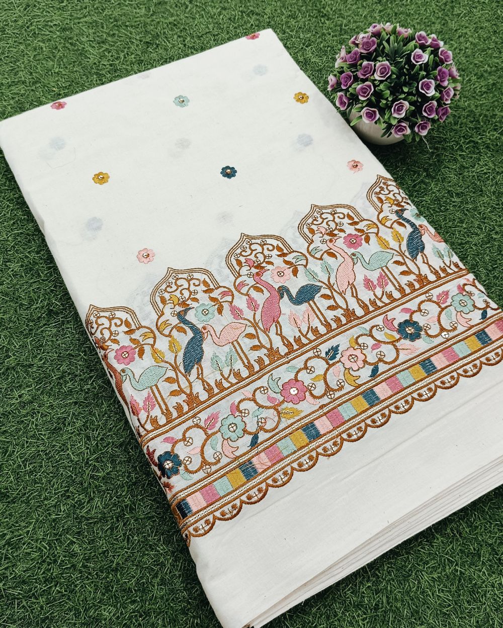 Kora Cotton Border Work Multicolor 45 Inches Width
