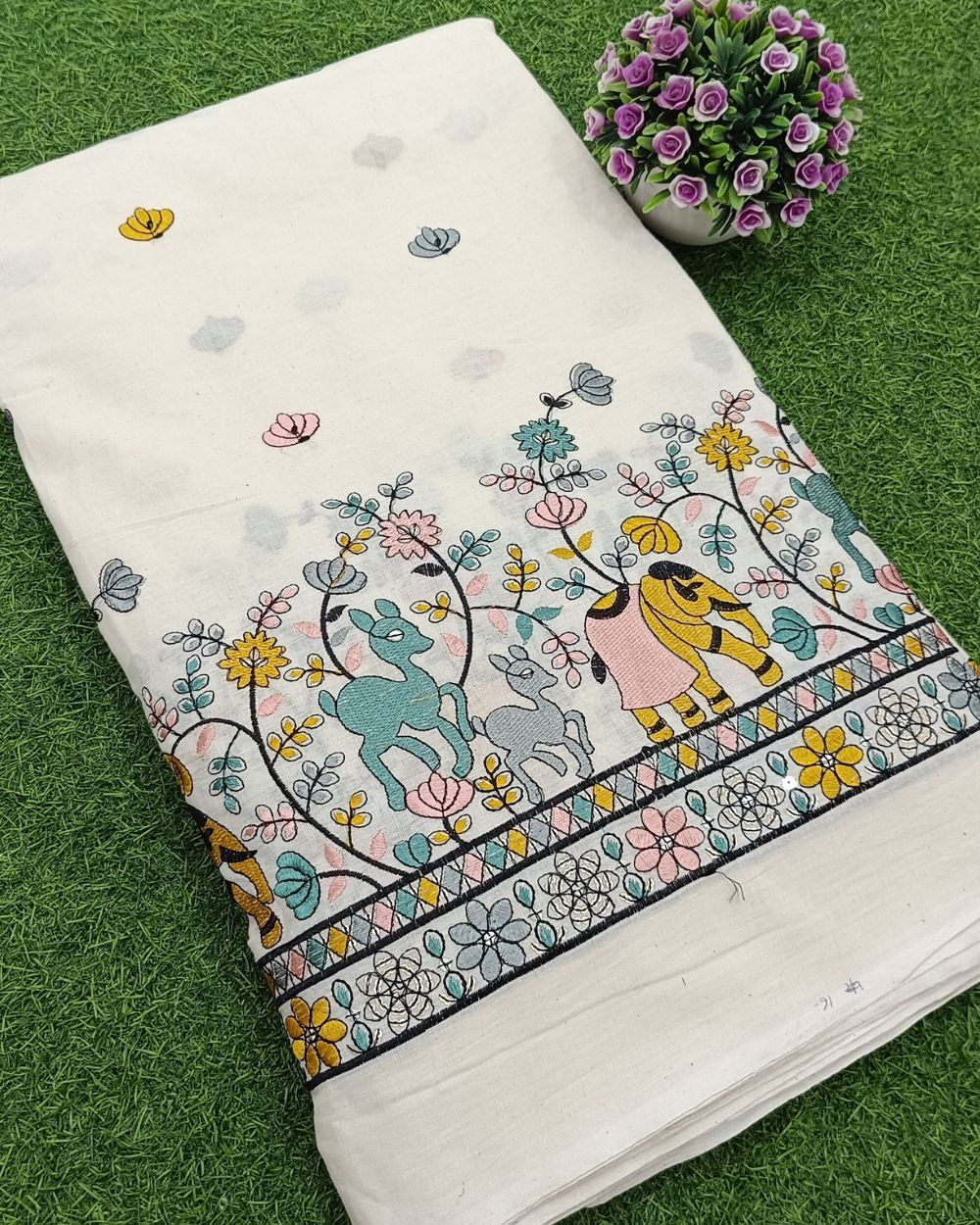 Kora Cotton Border Work Multicolor 45 Inches Width