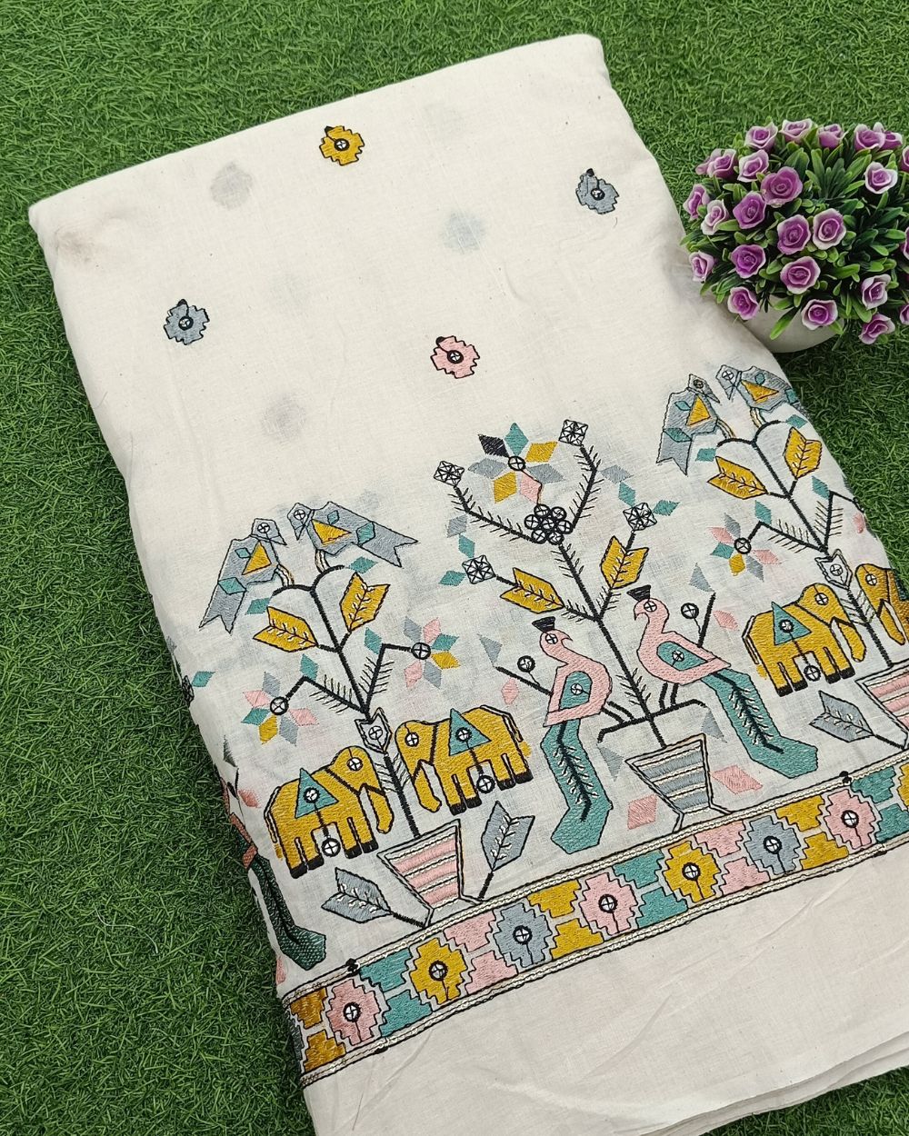 Kora Cotton Border Work Multicolor 45 Inches Width