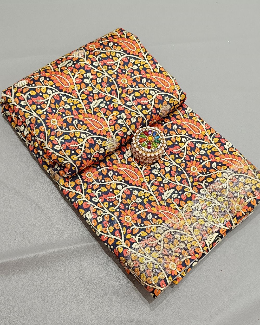 Printed Silk With Border Navy Blue (Multicolour) 46 Inches Width