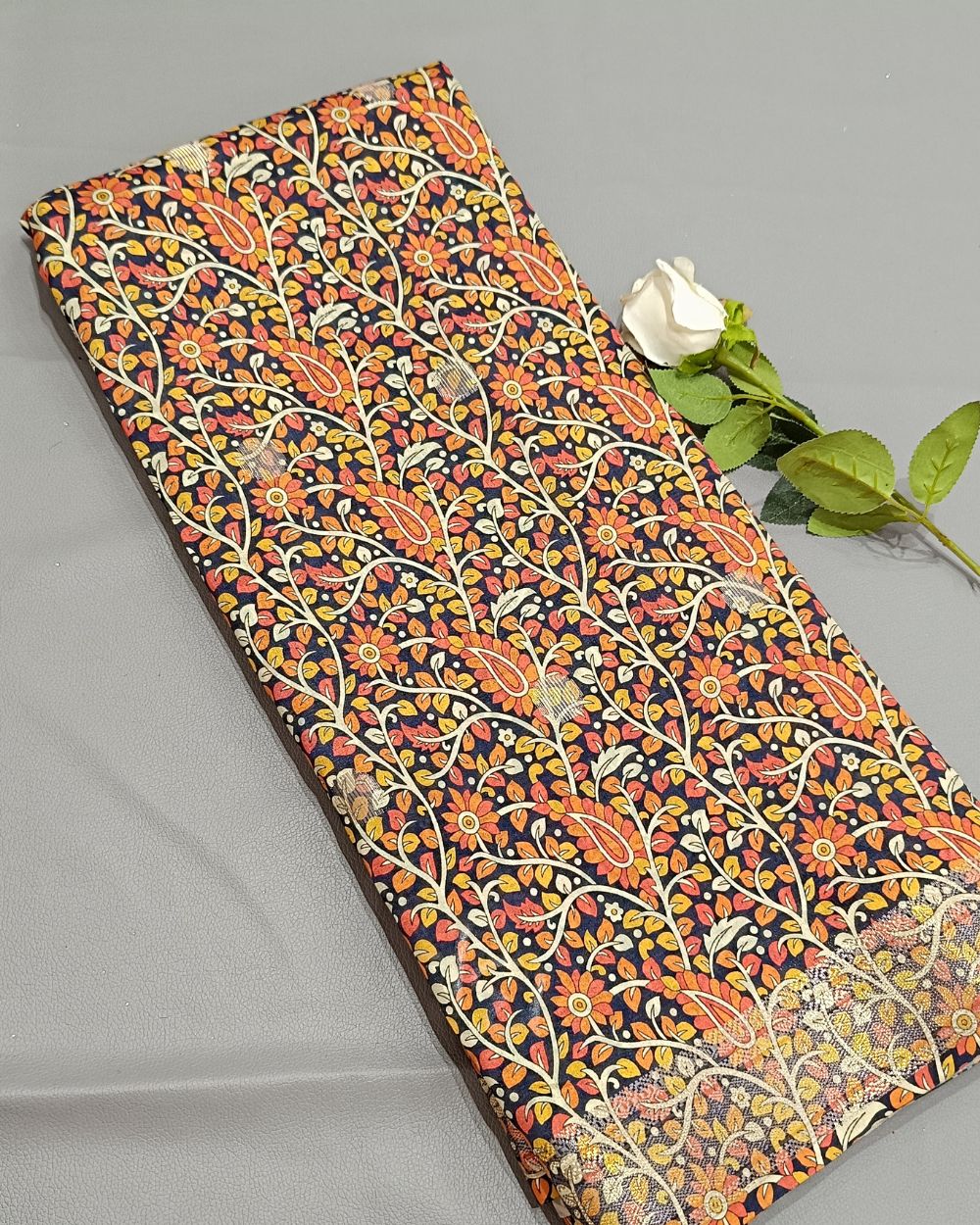 Printed Silk With Border Navy Blue (Multicolour) 46 Inches Width