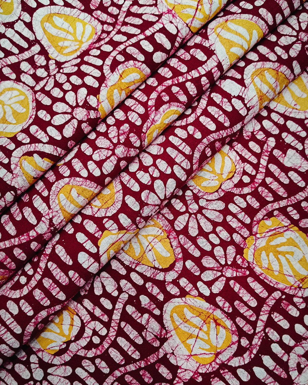 Cotton Hand Blocked Wax Batik Print Maroon Colour 44 Inches Width