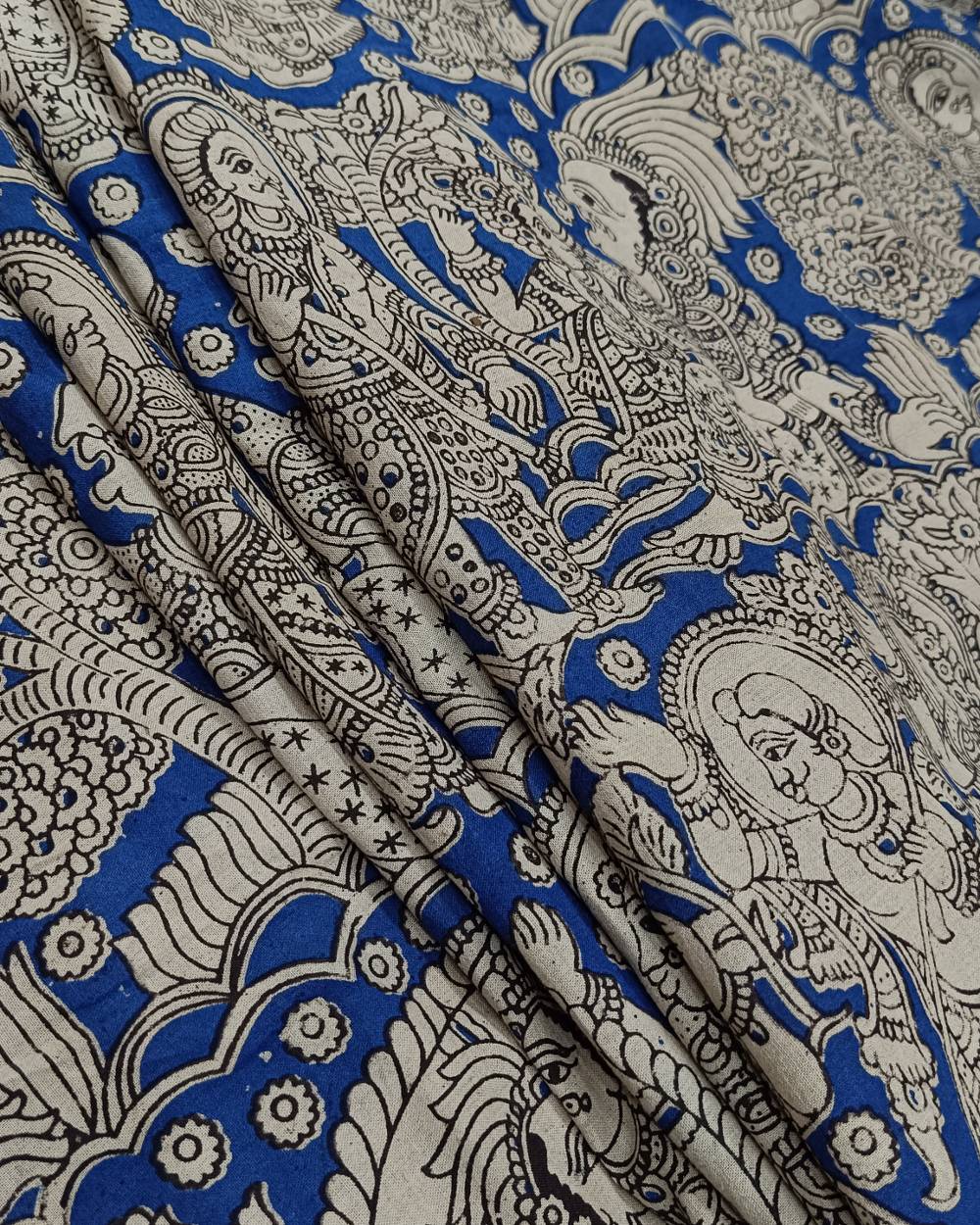 Hand Block Printed Cotton Kalamkari Blue Colour 43 Inches Width
