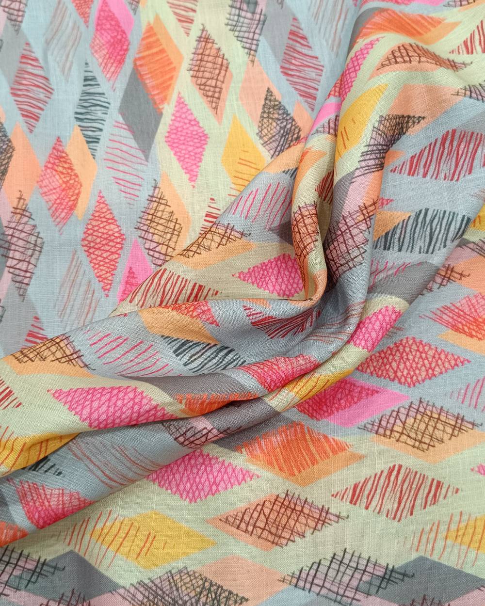 Cotton Linen Feel Geometric Print Grey Colour 44 Inches Width