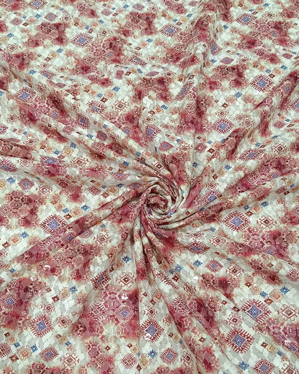 Cotton Chikan Work Digital Print Wine Colour 43 Inches Width