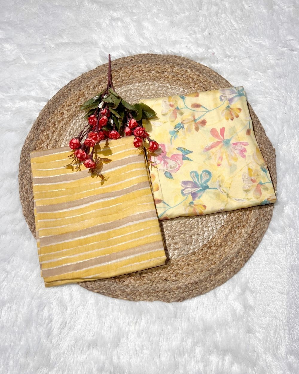 Printed Muslin Unstitched Multicolour Top (2.40 mtr) & Lemon Yellow Bottom (2.60 mtr) Set 42 Inches Width
