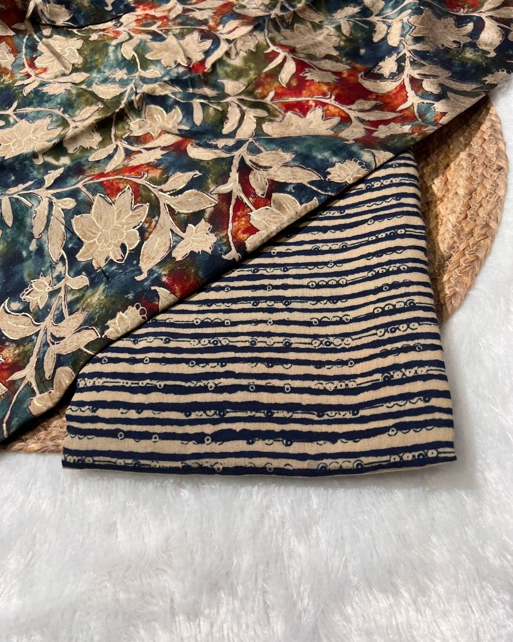 Printed Muslin Unstitched Multicolour Top (1.90 mtr) & Navy Blue Bottom (2.30 mtr) Set 42 Inches Width