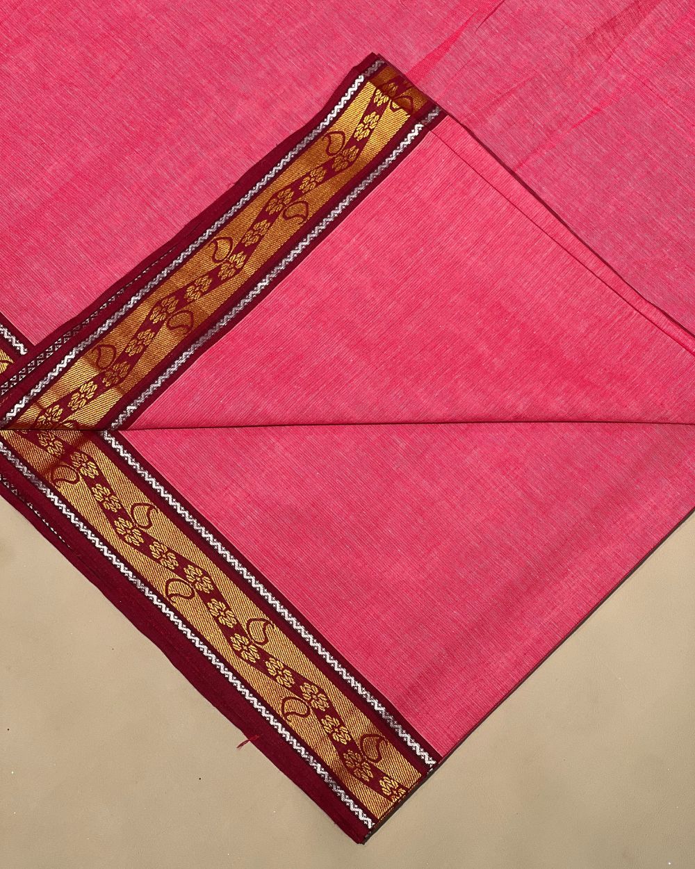 Khadi Cotton Fabric with Border Pink Colour 44 Inches Width