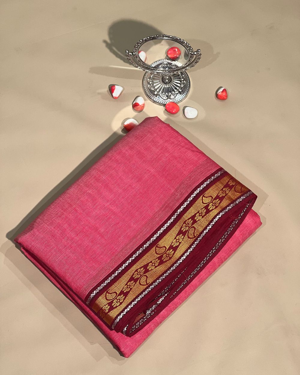 Khadi Cotton Fabric with Border Pink Colour 44 Inches Width