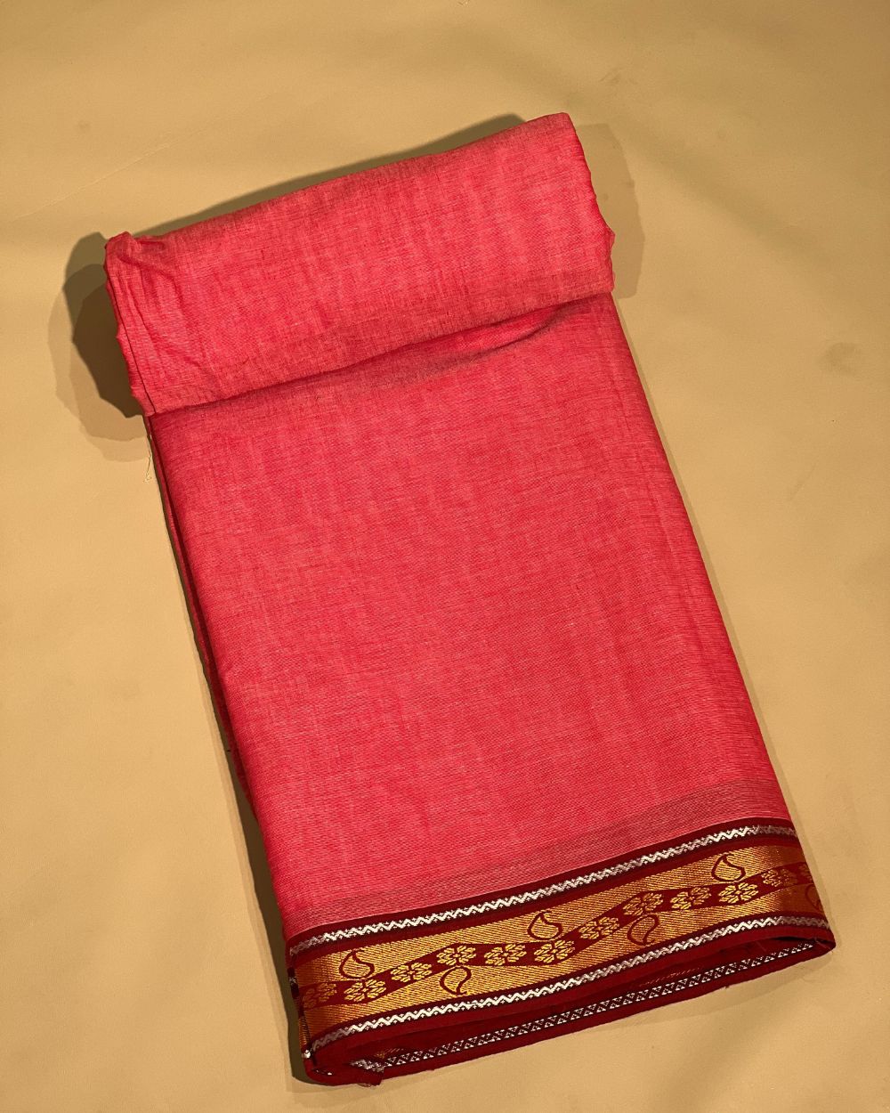 Khadi Cotton Fabric with Border Pink Colour 44 Inches Width