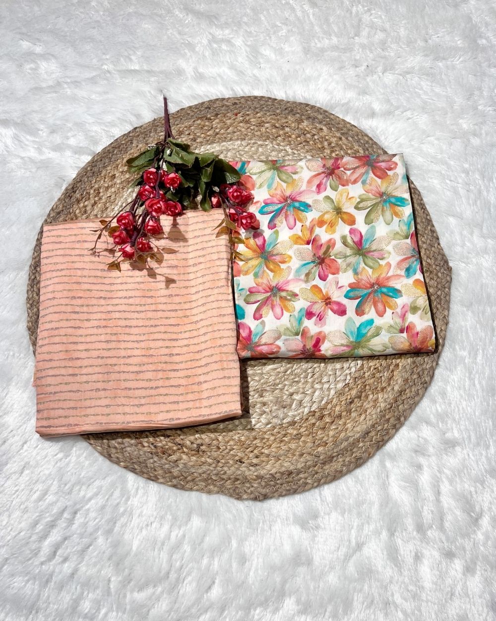Printed Muslin Unstitched Multicolour Top (2.00 mtr) & Peach Bottom (2.40 mtr) Set 42 Inches Width