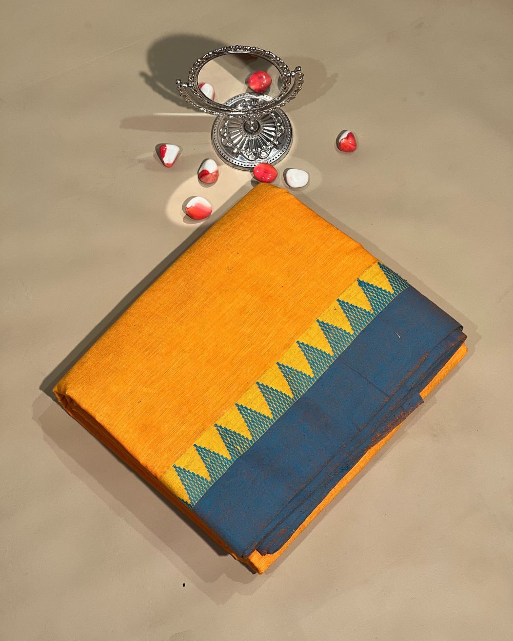 Khadi Cotton Fabric with Border Mango Yellow Colour 44 Inches Width