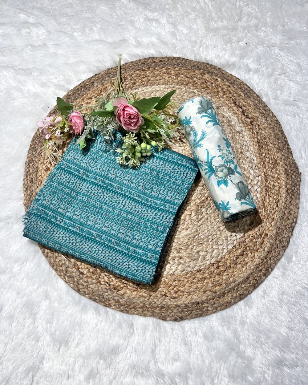 Printed Muslin Unstitched Sky Blue Top (3.30 mtr) & Peacock Blue Bottom (2.40 mtr) Set 42 Inches Width