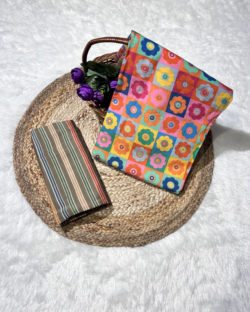 Printed Muslin Unstitched Top (2.80 mtr) & Bottom (2.60 mtr) Set Multicolour Colour 42 Inches Width