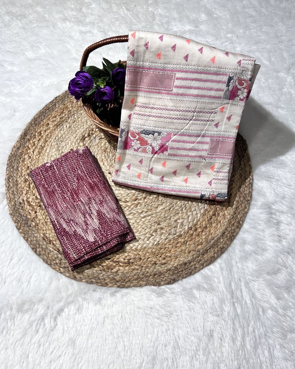 Printed Muslin Unstitched Multicolour Top (2.25 mtr) & Maroon Bottom (2.30 mtr) Set 42 Inches Width