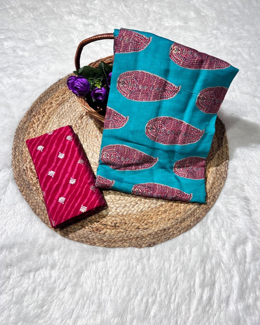 Printed Muslin Unstitched Peacock Blue (2.35 mtr) & Pink Bottom (2.40 mtr) Set 42 Inches Width