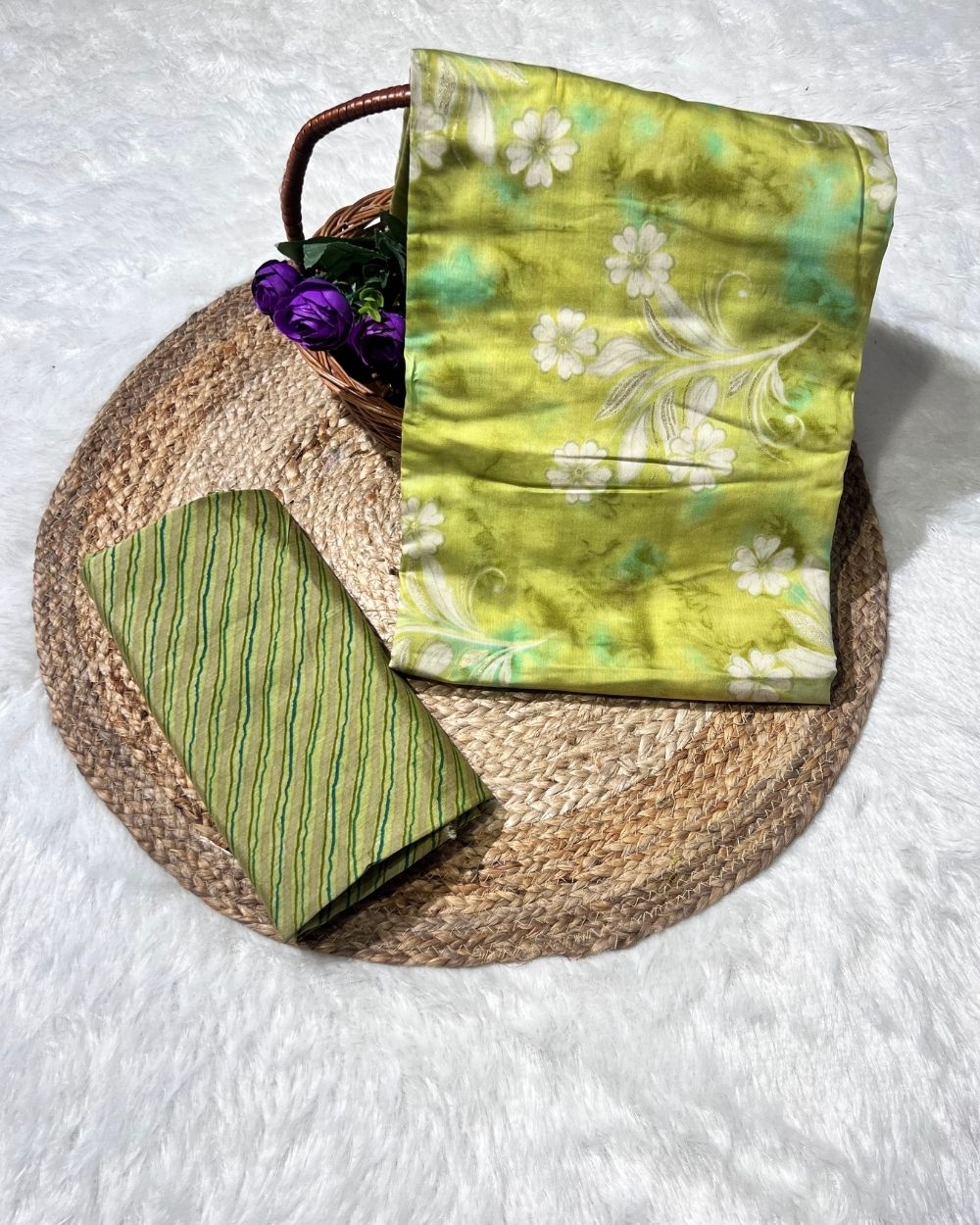 Printed Muslin Unstitched Top (3.40 mtr) & Bottom (2.40 mtr) Set Lime Green Colour 42 Inches Width
