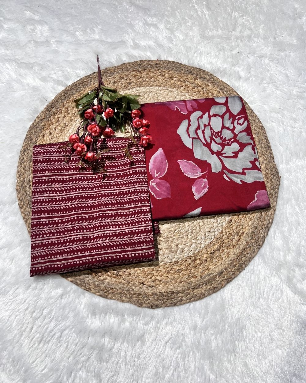 Printed Muslin Unstitched Top (3.00 mtr) & Bottom (2.40 mtr) Set Maroon Colour 42 Inches Width