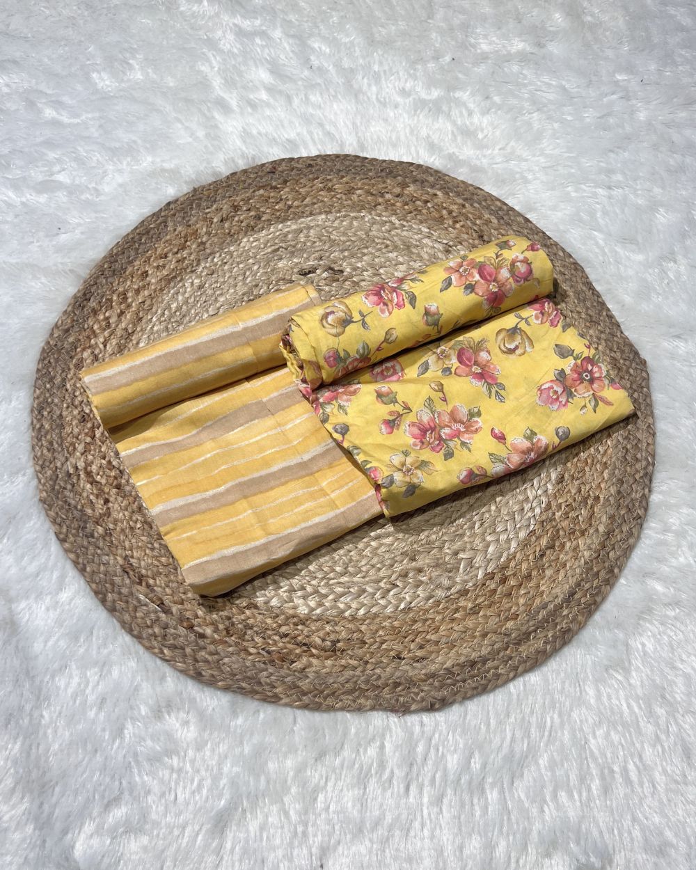 Printed Muslin Unstitched Top (2.55 mtr) & Bottom (2.60 mtr) Set Yellow Colour 42 Inches Width