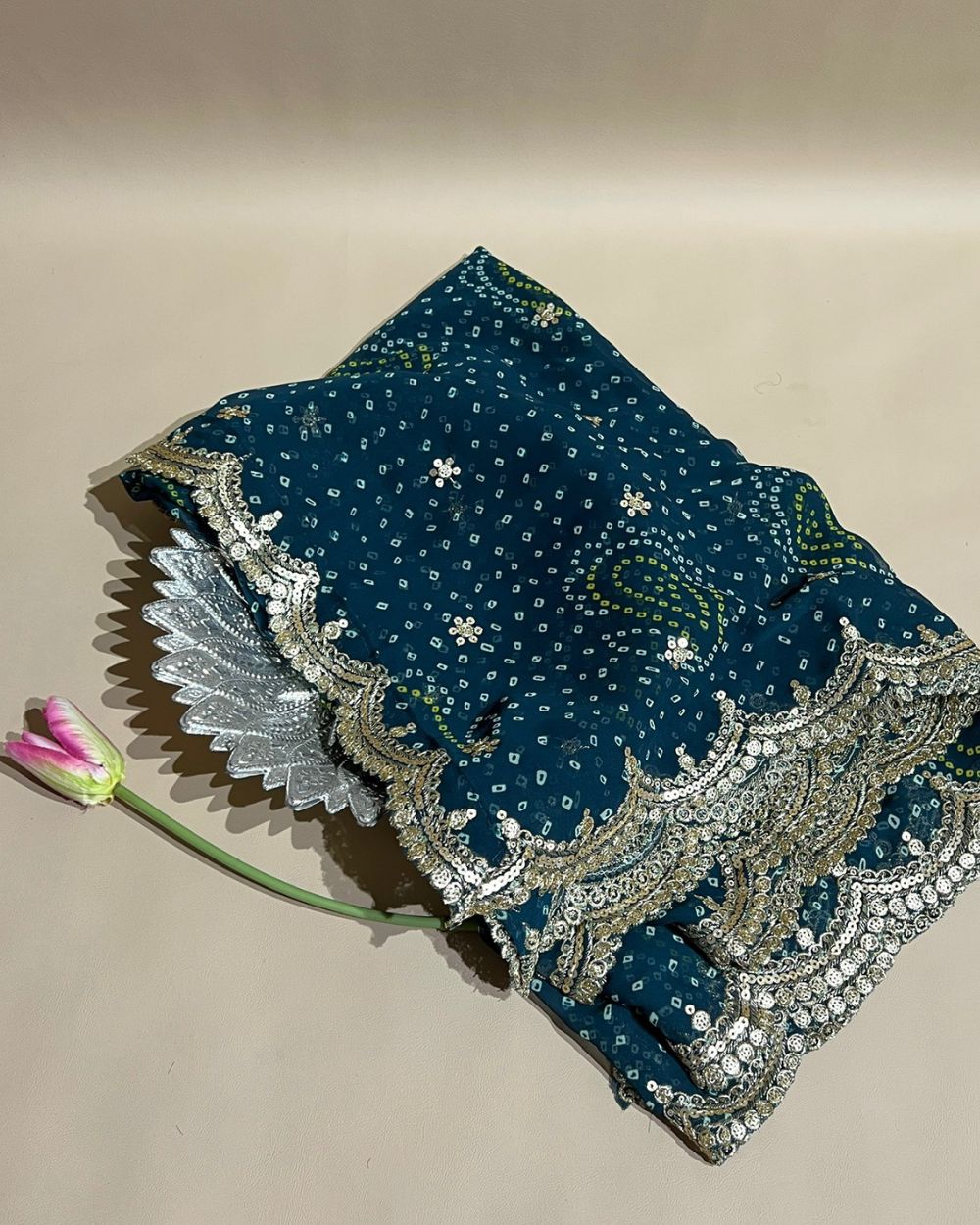 Georgette  Bandhani Dupatta with Cut Work Border Kerosene Colour 37 Inches Width