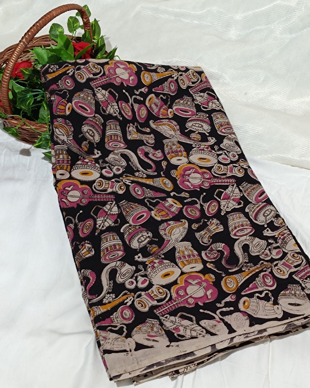 Hand Block Printed Cotton Kalamkari Black Colour 46 Inches Width