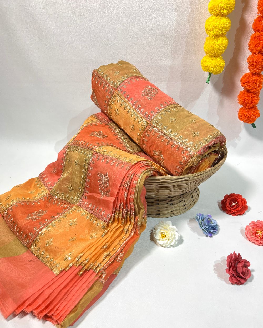 Position Print with Sequin Embroidery on Premium Organza Orange Colour 44 Inches Width