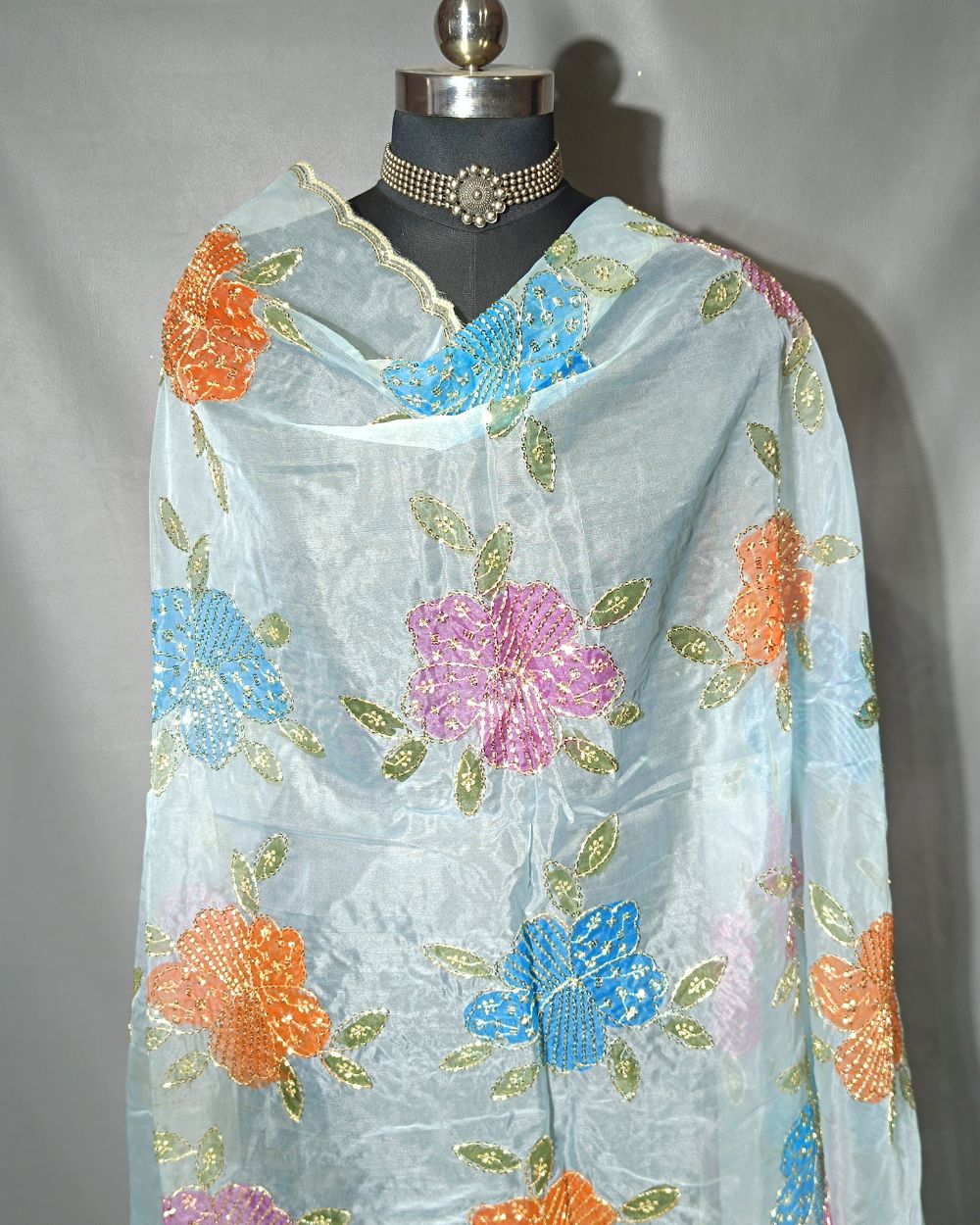 Premium Pure Soft Organza Work Dupatta Sky Blue Colour 39 Inches Width