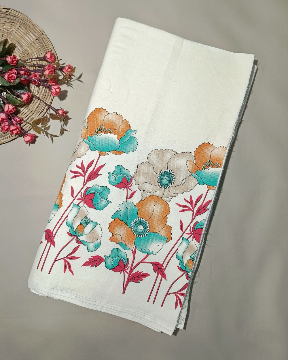 Printed Khadi Cotton with Border Milky White  Colour 42 Inches Width
