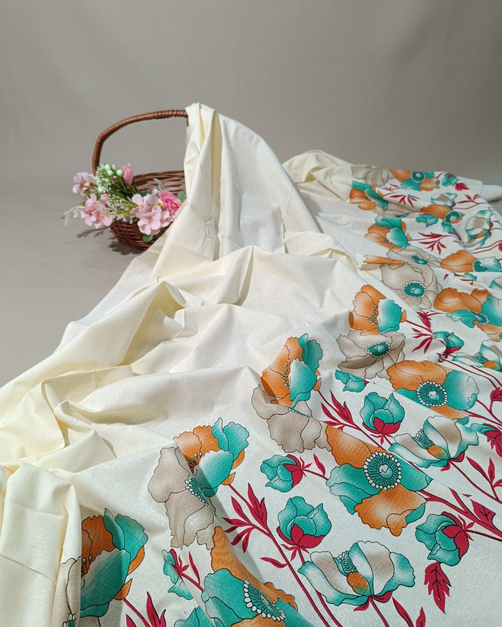 Printed Khadi Cotton with Border Milky White  Colour 42 Inches Width