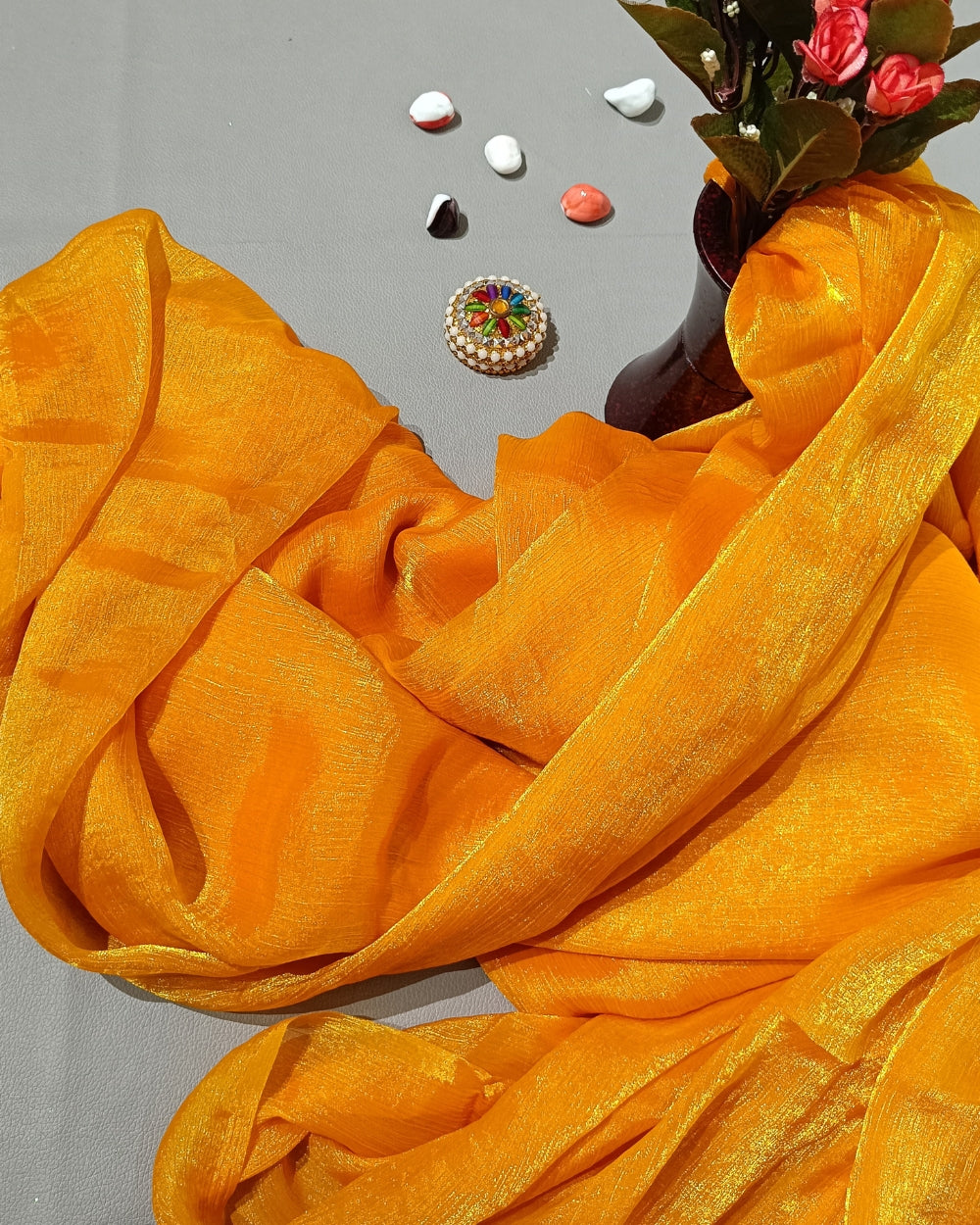 Plain Pure Space Silk Saree Without Blouse Mango Yellow Colour 44 Inches Width