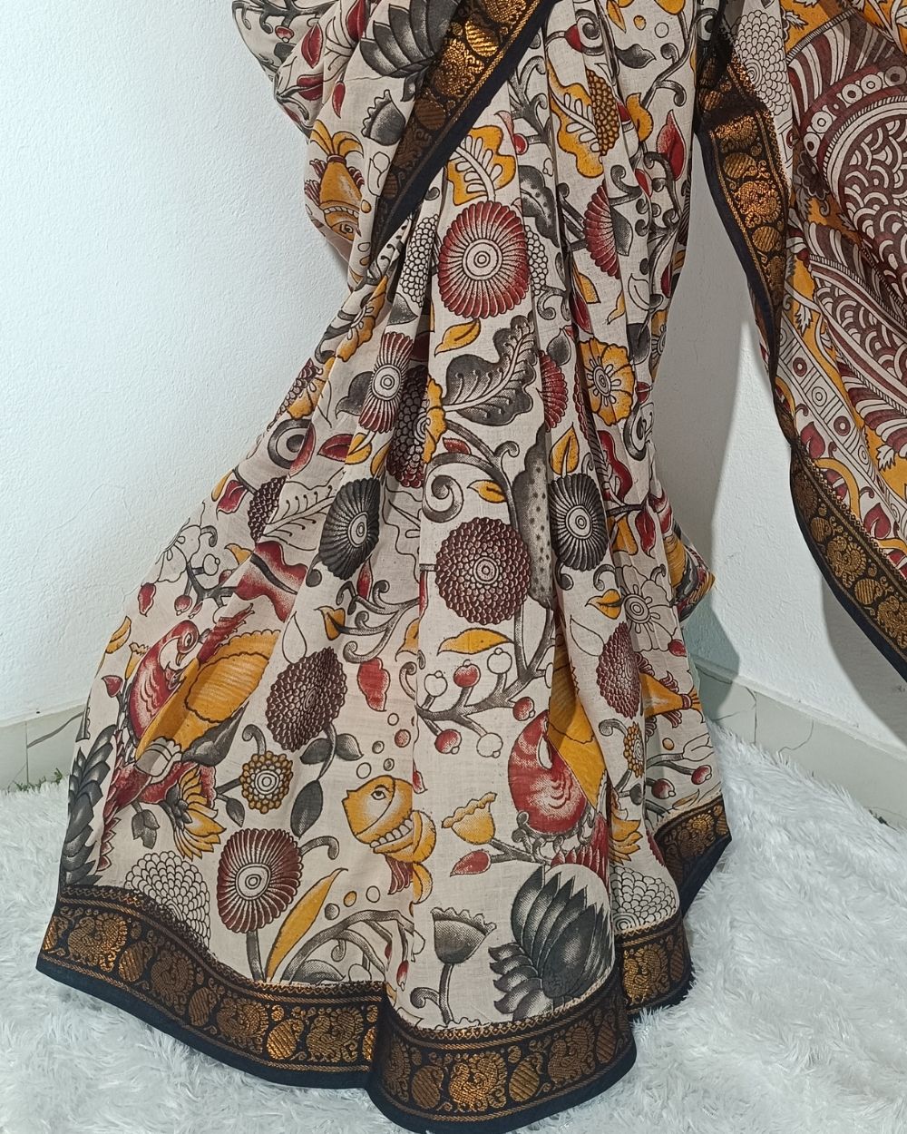 Hand Block Printed Cotton Kalamkari Saree with Blouse Piece Ivory Colour 46 Inches Width