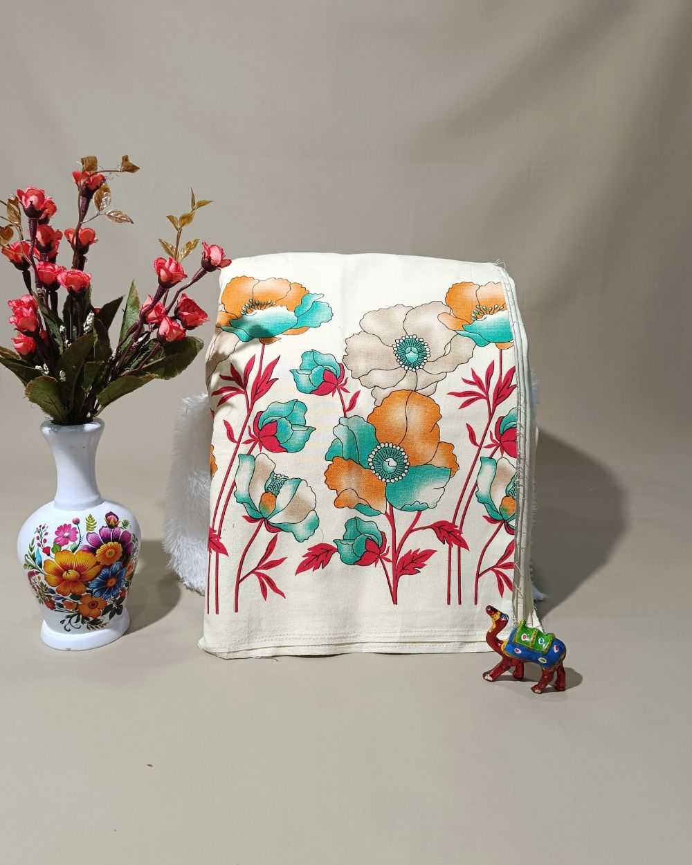 Printed Khadi Cotton with Border Milky White  Colour 42 Inches Width