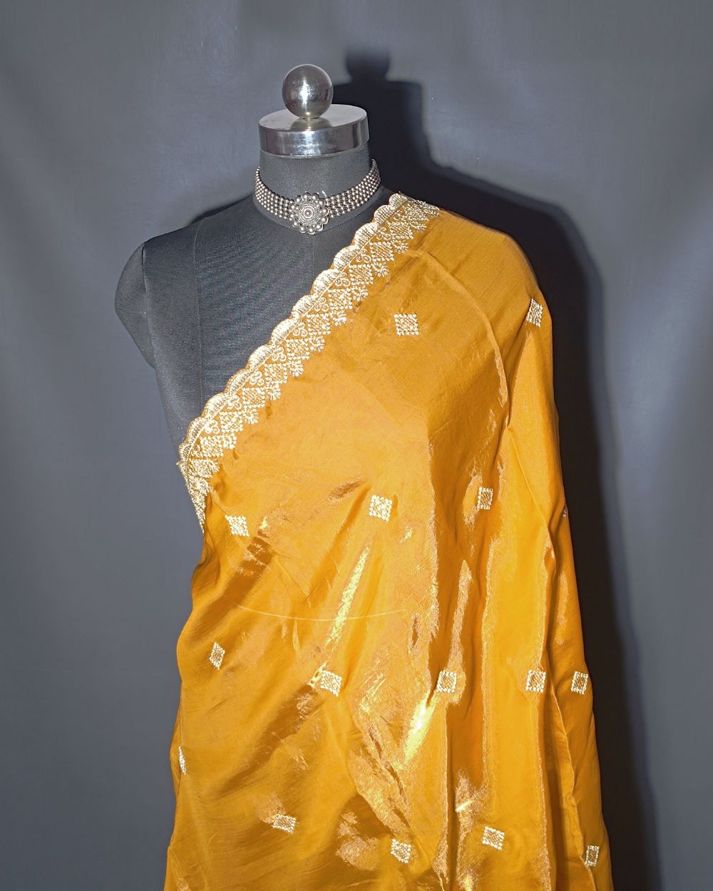 Space Silk Work Dupatta with Border Mustard Yellow Colour 45 Inches Width