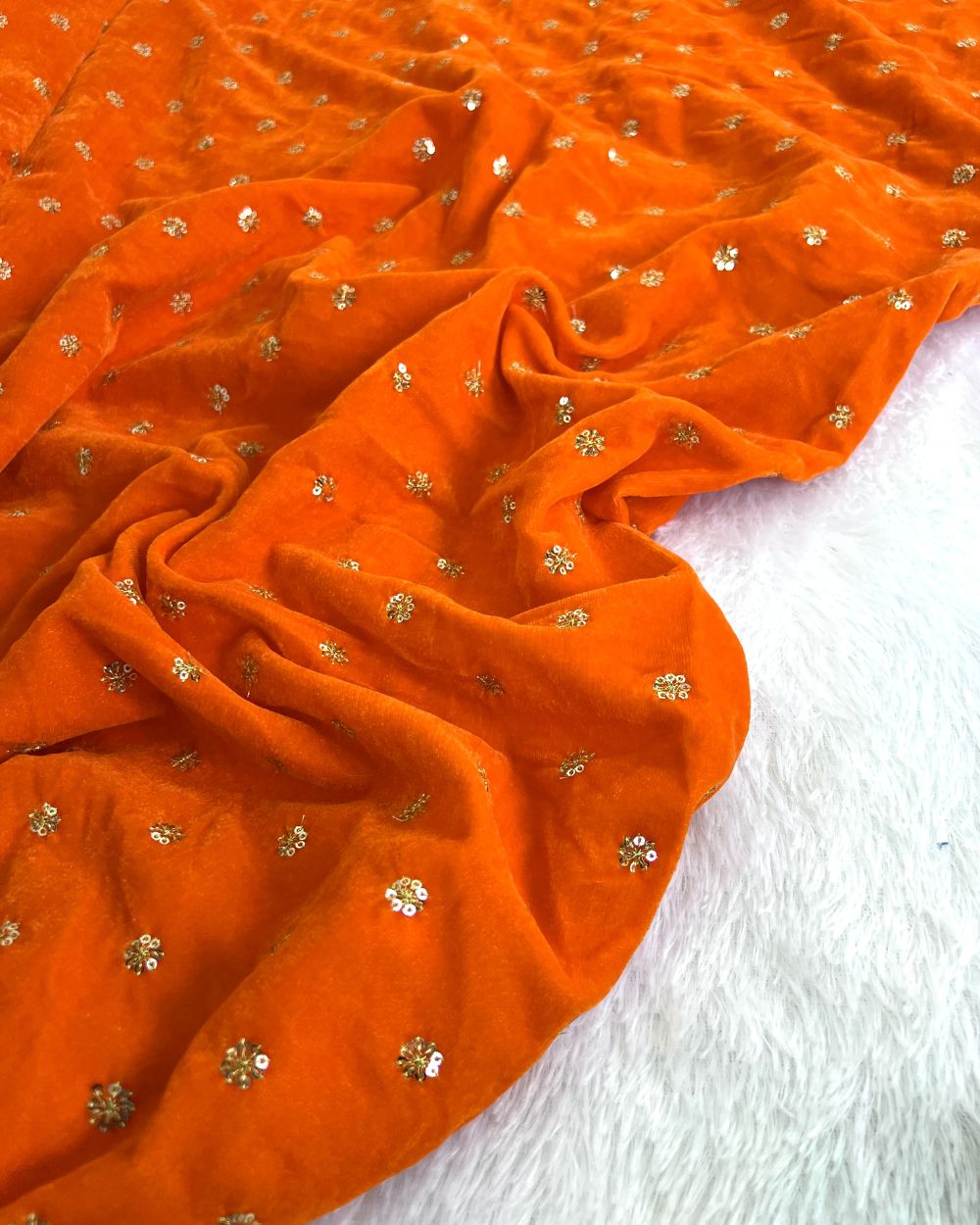Premium Velvet Butti Work Orange Colour 45 Inches Width