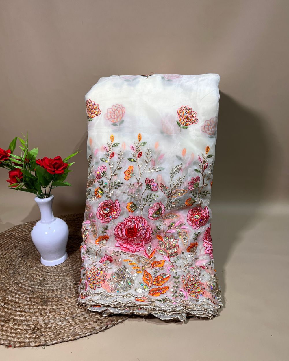Premium Pure Soft Organza with Border Work White Colour 42 Inches Width