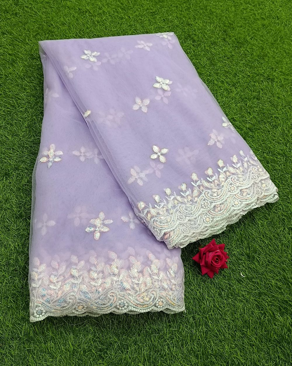 Net Work with Cutwork Border Lavender Colour 45 Inches Width