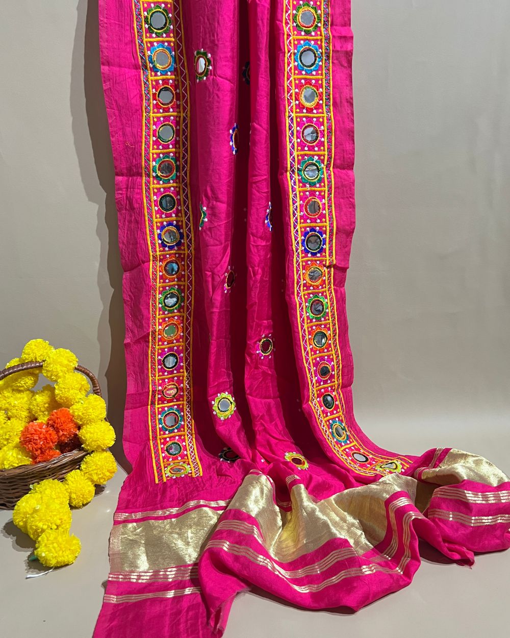 Abla Work Dupatta Cotton Silk Pink Colour 42 Inches Width