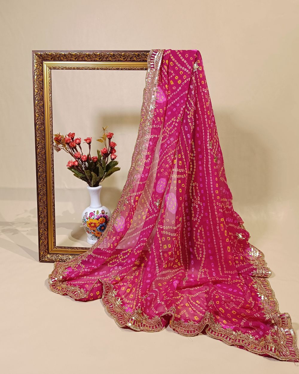 Georgette  Bandhani Dupatta with Cut Work Border Rani Pink Colour 37 Inches Width