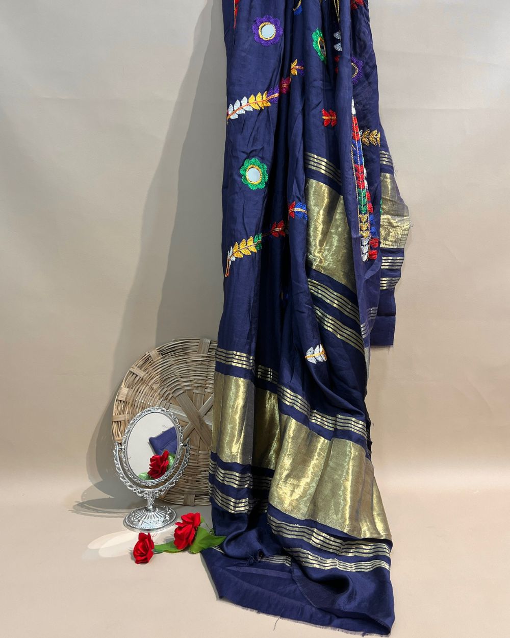 Abla Work Lagdi Patta Dupatta Art Silk Navy Blue Colour 40 Inches Width