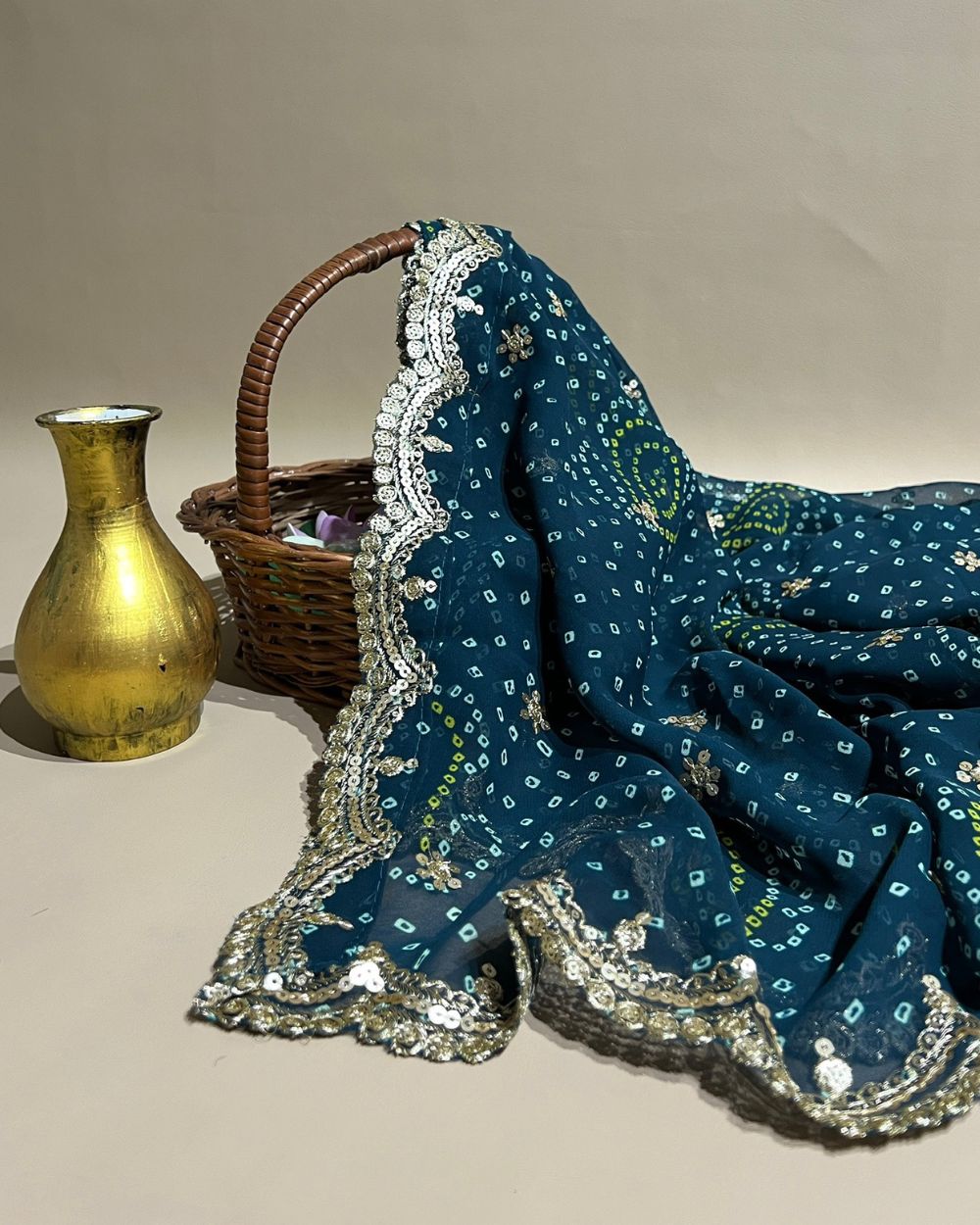 Georgette  Bandhani Dupatta with Cut Work Border Kerosene Colour 37 Inches Width