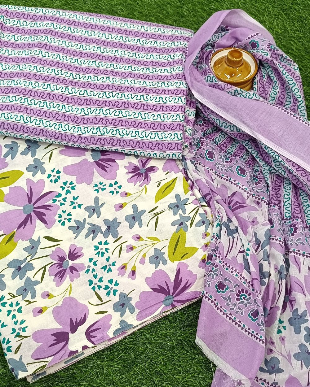 Printed Cotton Unstitched Top-Bottom Set with Dupatta Lavender Colour 42  Inches Width