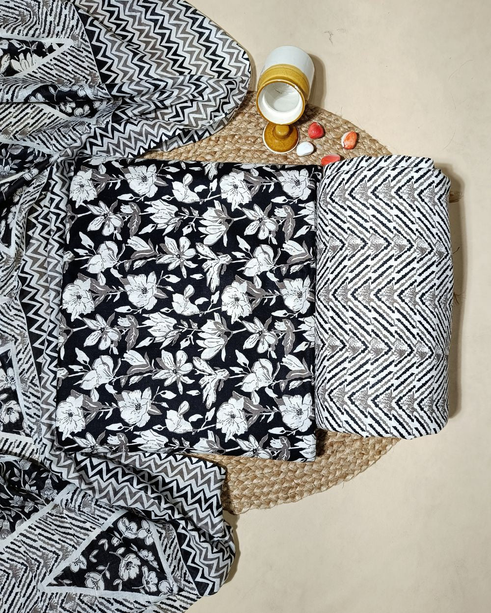 Printed Cotton Unstitched Top-Bottom Set with Dupatta Black Colour 44 Inches Width