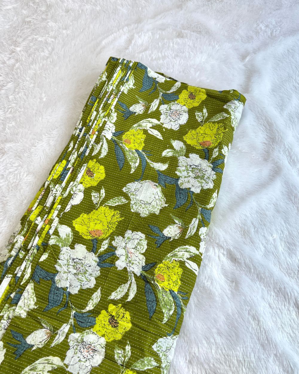 Printed Cotton Kantha Work Mehandi Green Colour 42 Inches Width